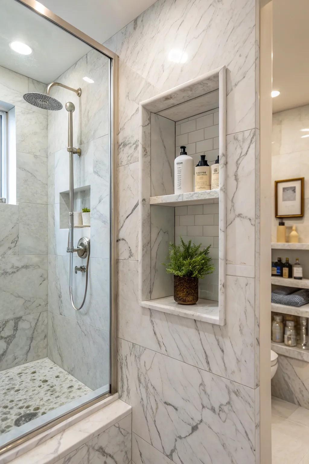 A luxurious stone refined niche injects elegance into the shower precinct.