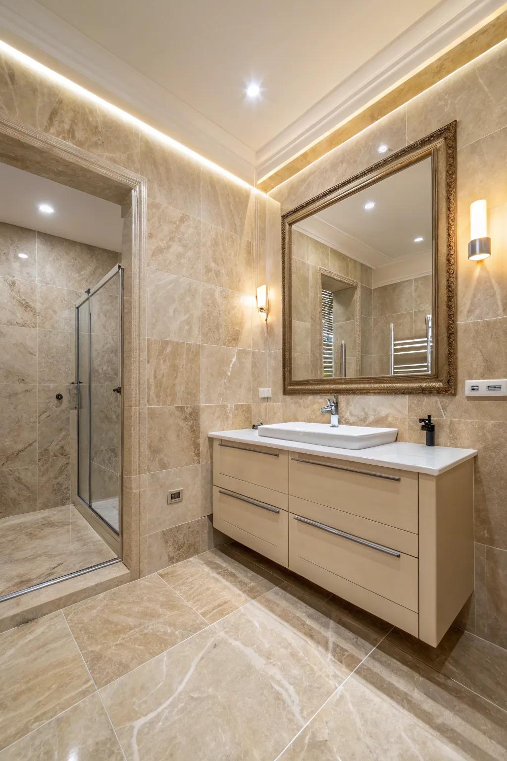 Sandstone-toned stone-look refined slabs providing warmth and coziness.