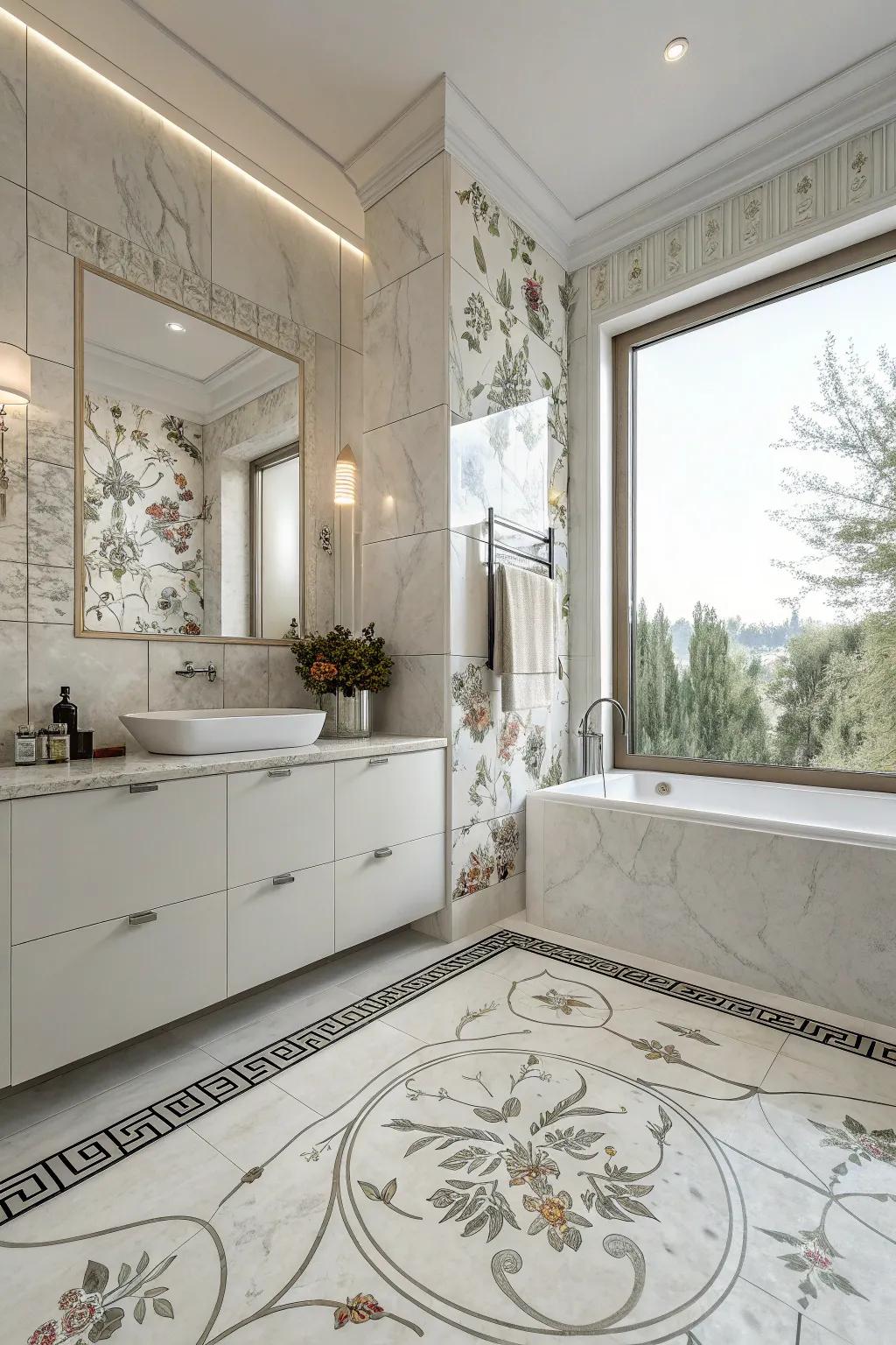 Chic floral stone-look refined slabs inject a whimsical touch into the bathroom.