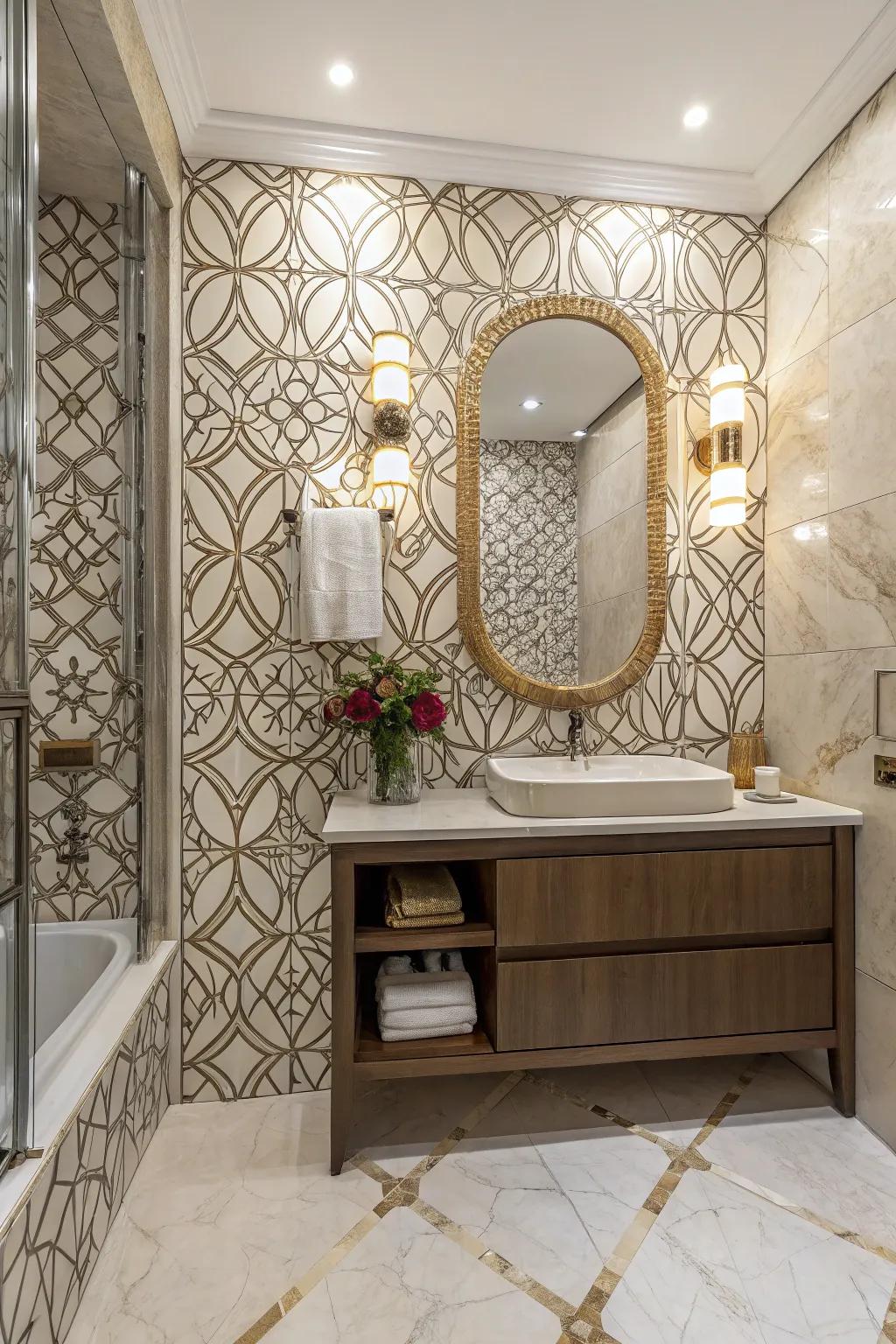 A striking accent partition with elaborate stone-look refined slab patterns.