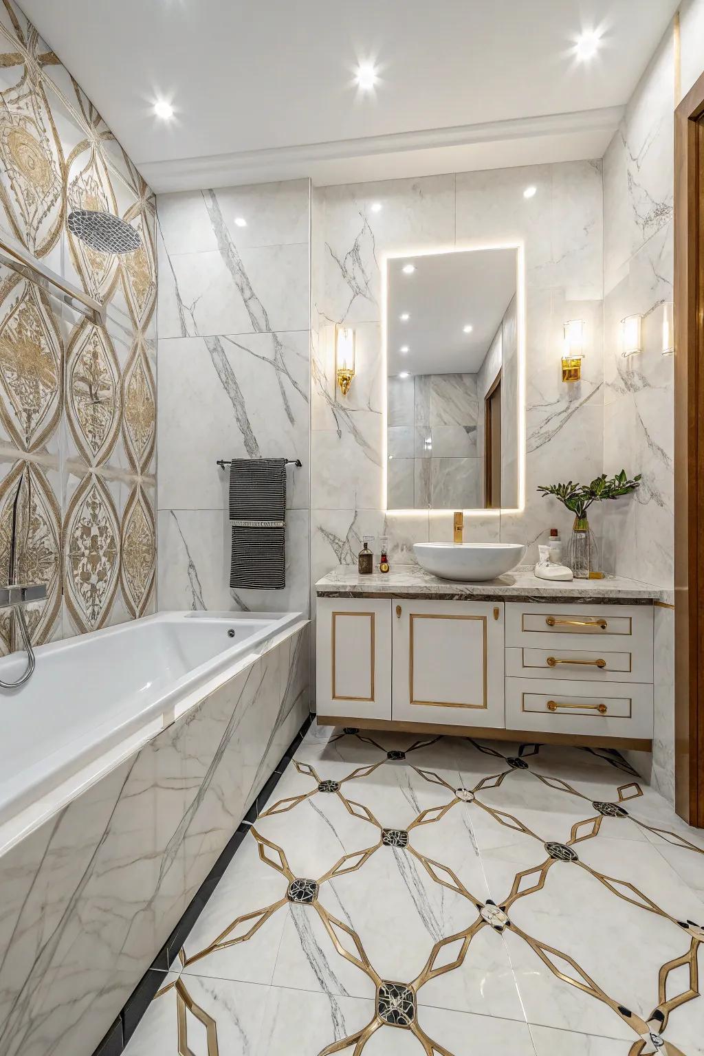 A dynamic bathroom blueprint featuring a blend of polished and matte stone-look refined slabs.