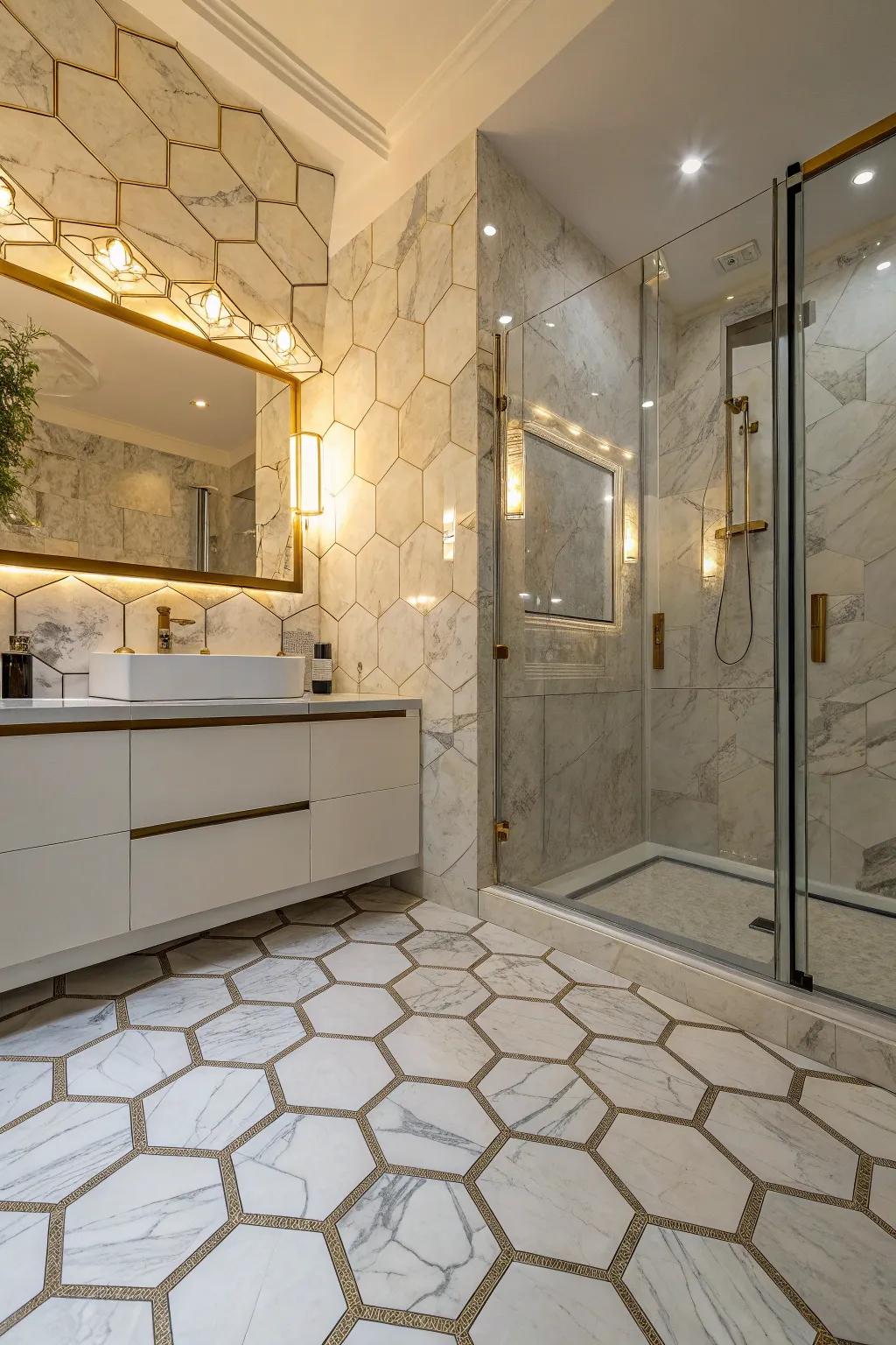 Modern geometric stone-look refined slabs introduce geometric intrigue to this bathroom.