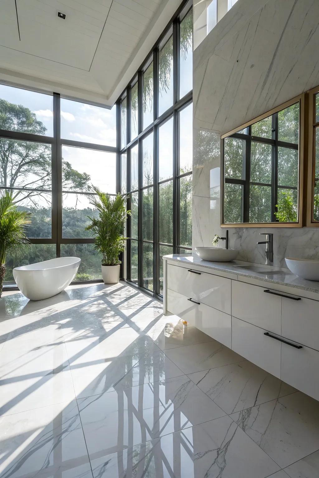 A bathroom immersed in sunlight, spotlighting the beauty of stone-look refined slabs.