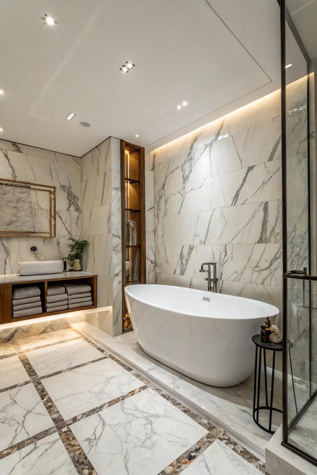 An exquisite standalone soaker surrounded by stone-look refined slabs, establishing a luxurious focal point.