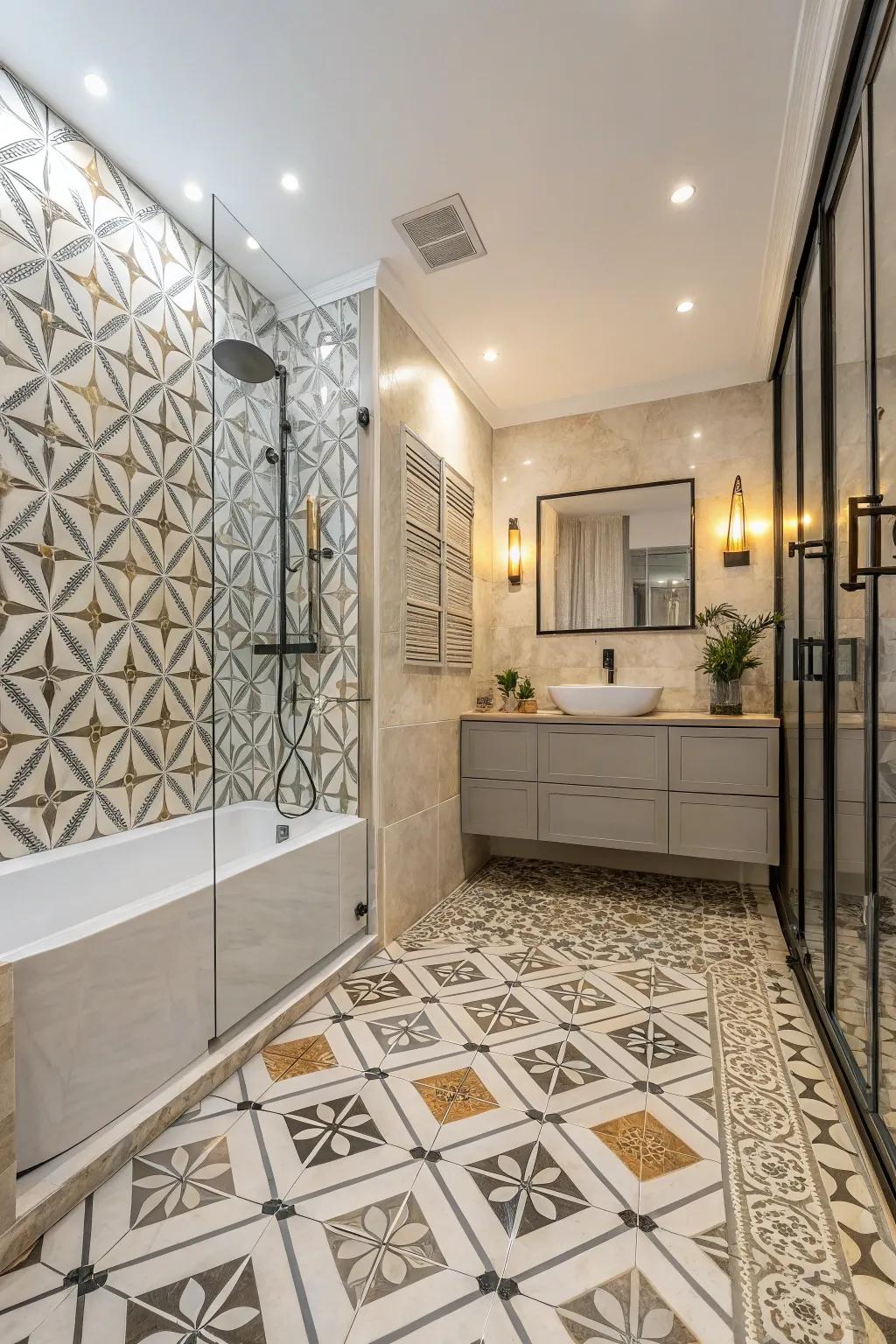 Bold geometric blueprints in stone-look refined slabs showcase modern design flair.