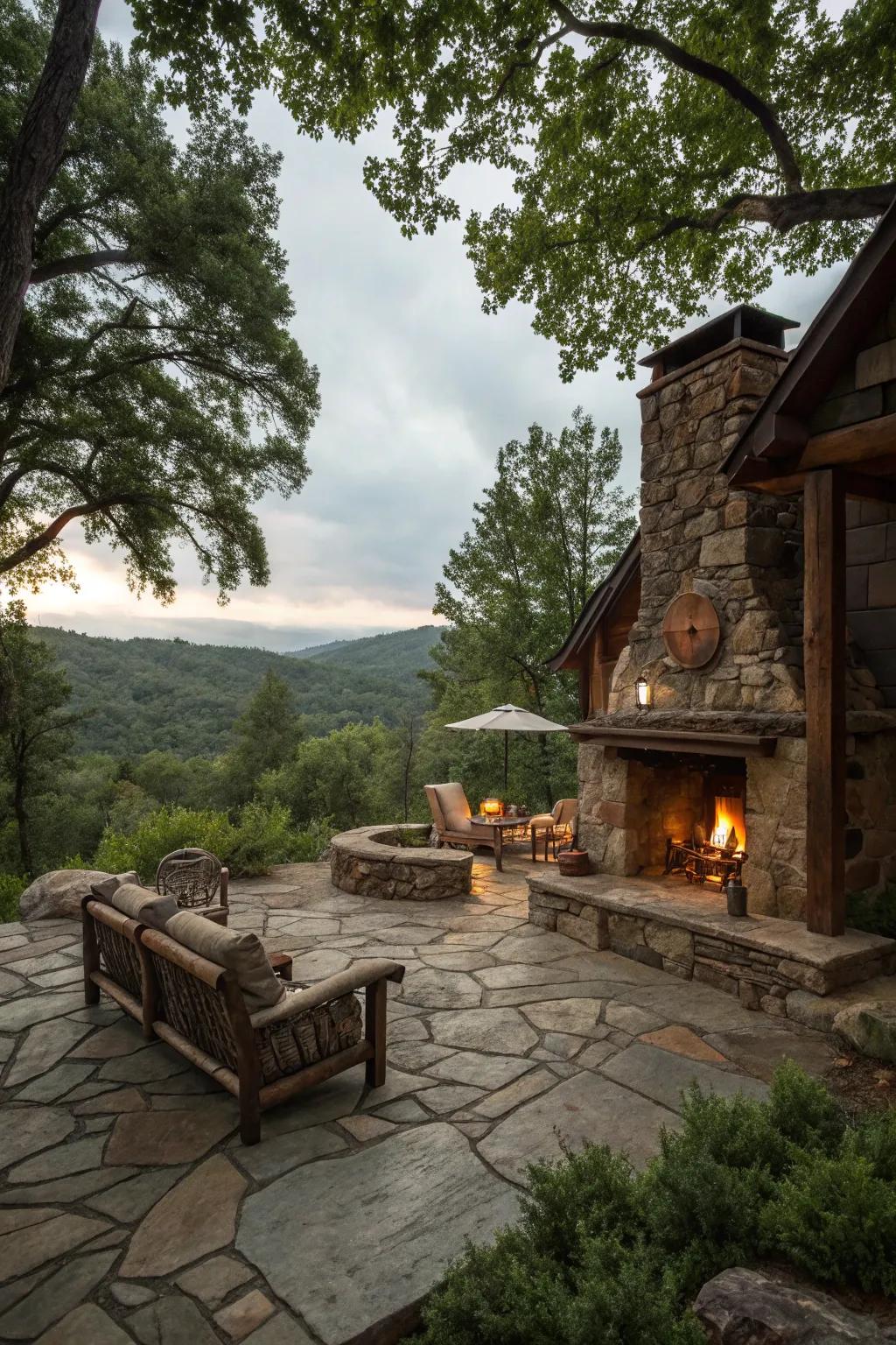 An inviting outdoor relaxation zone complete with a hearth.