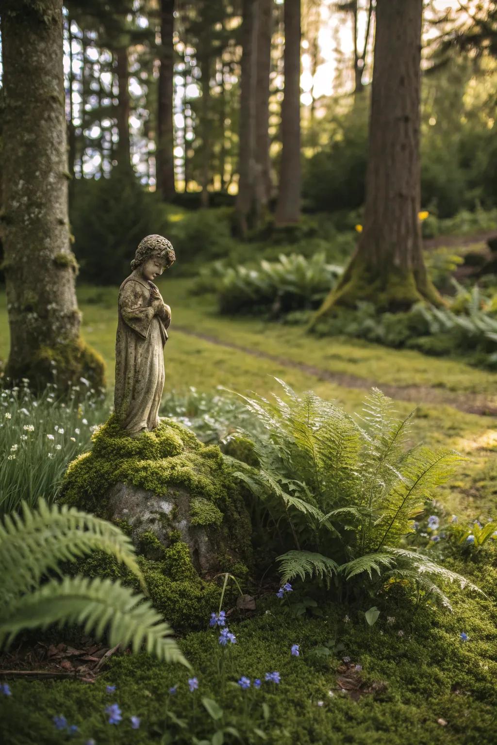 A whimsical garden statue nestled within the woods.
