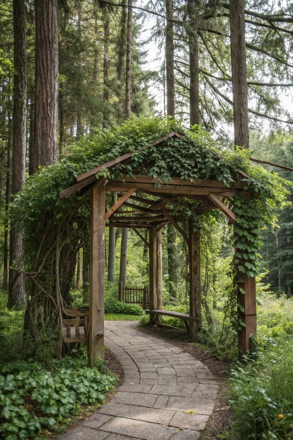 A timber arch adding upright intrigue to the woods.