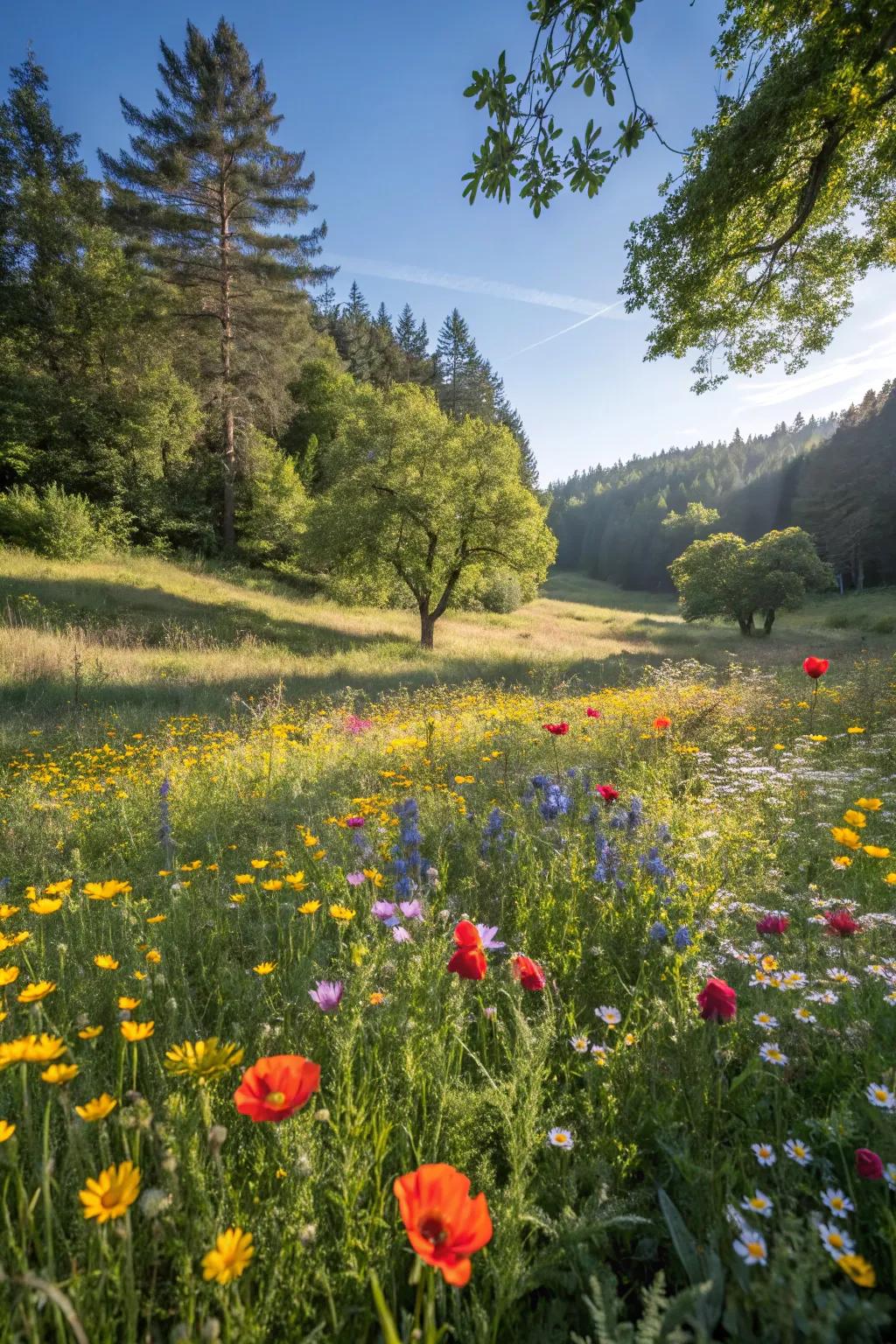 A vibrant uncontrolled flora prairie brightening up the forest.