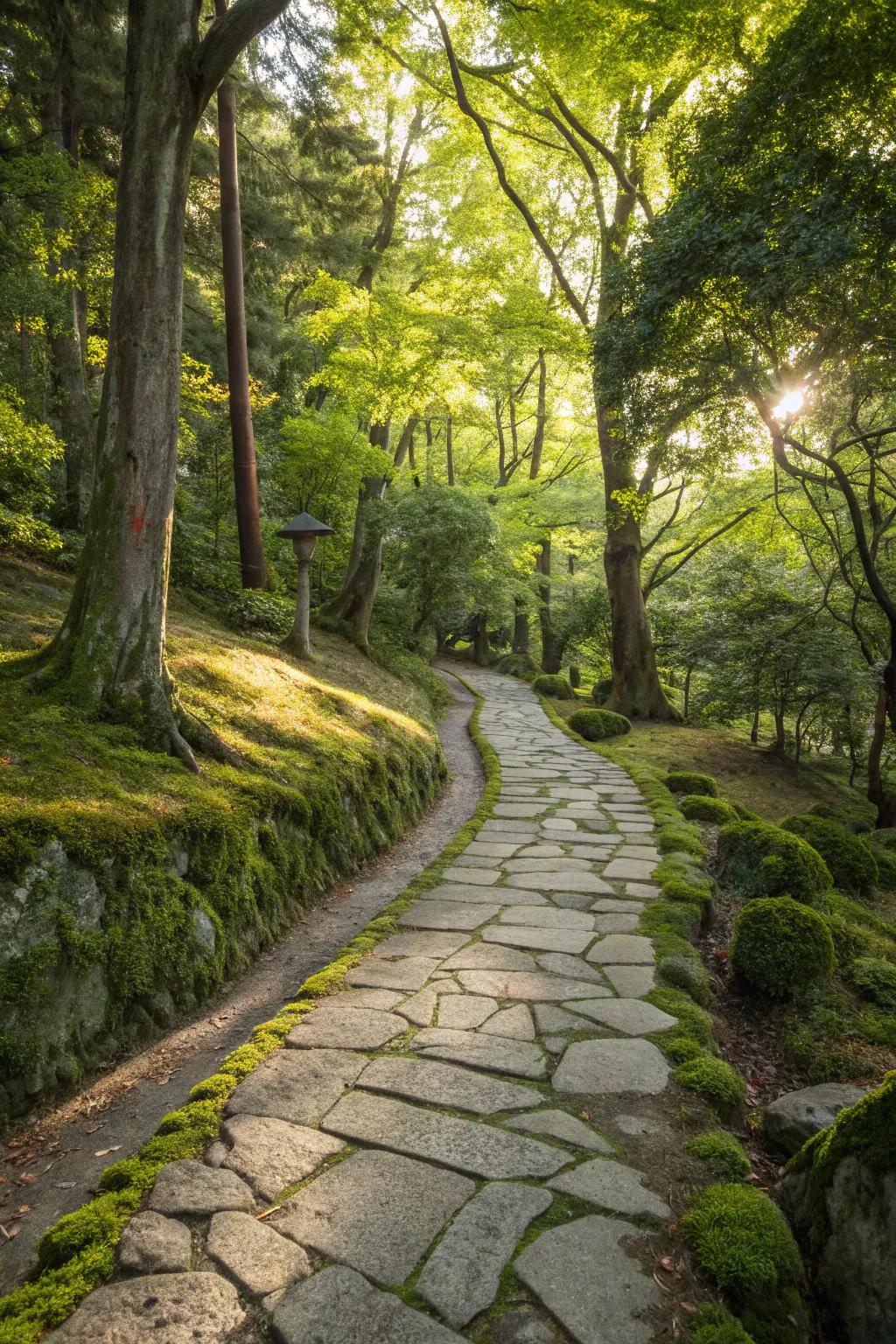 A stone trail meandering through a forest dappled with sunlight.