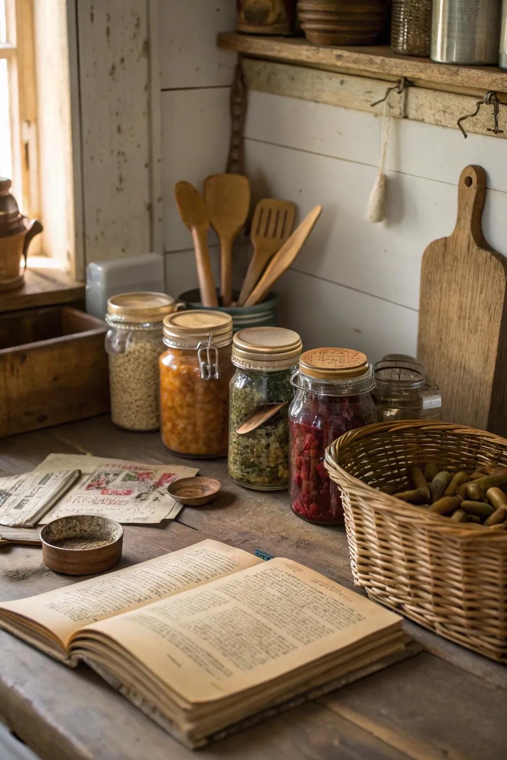 Attractive vintage jars give character to a farmhouse kitchen.