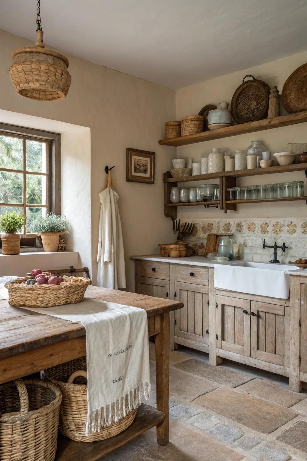 Soft fabrics enhance the warmth of a farmhouse kitchen.