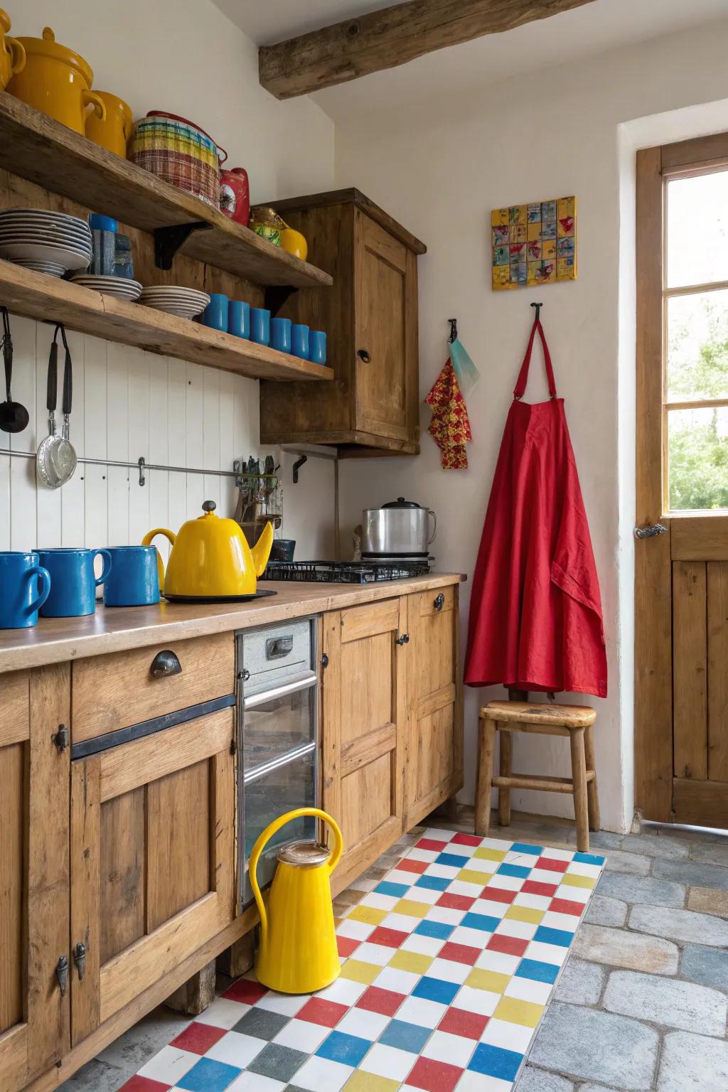 Unexpected color pops bring vitality to a farmhouse kitchen décor.