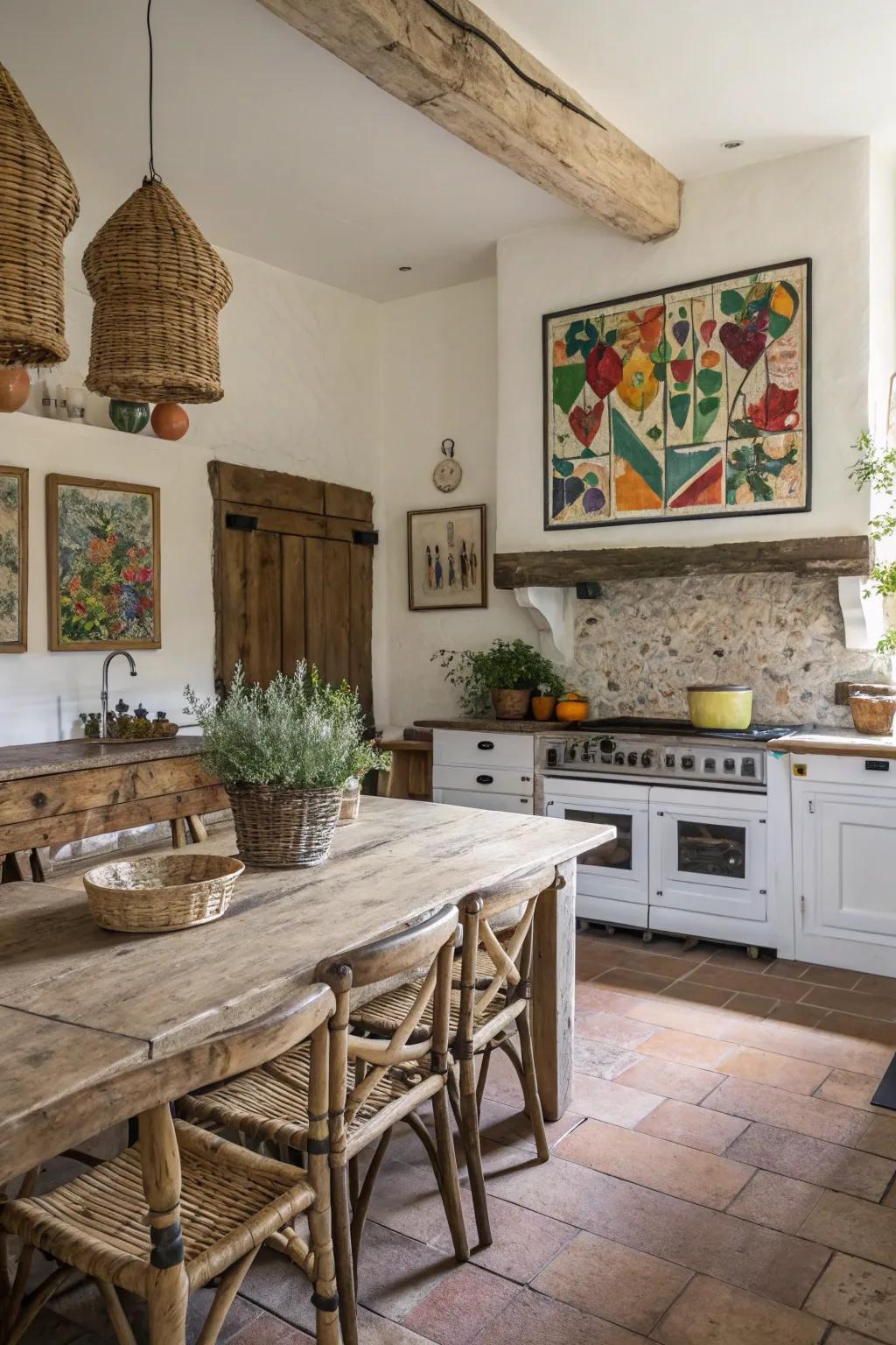 An eclectic art piece creates a focal point in a farmhouse kitchen.