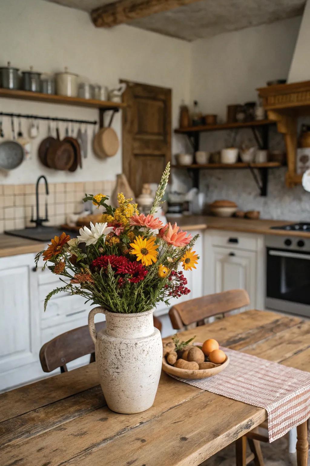 Ceramic vase with seasonal flowers adds a fresh touch to a farmhouse kitchen.