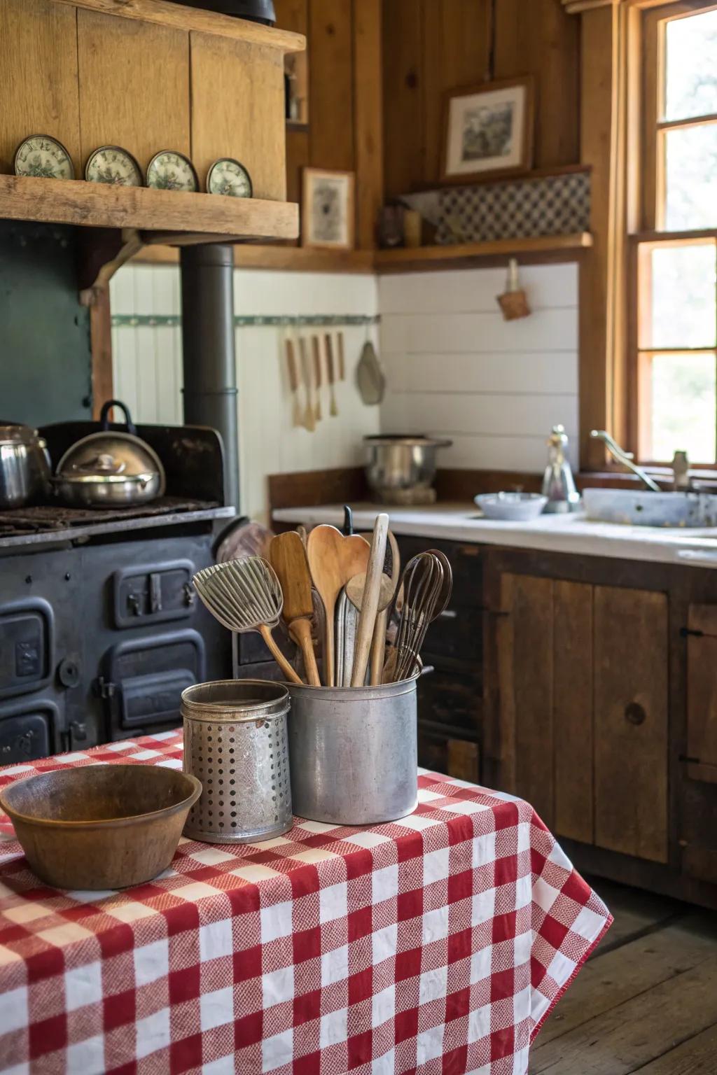 Vintage utensils add a historical touch to a farmhouse kitchen.