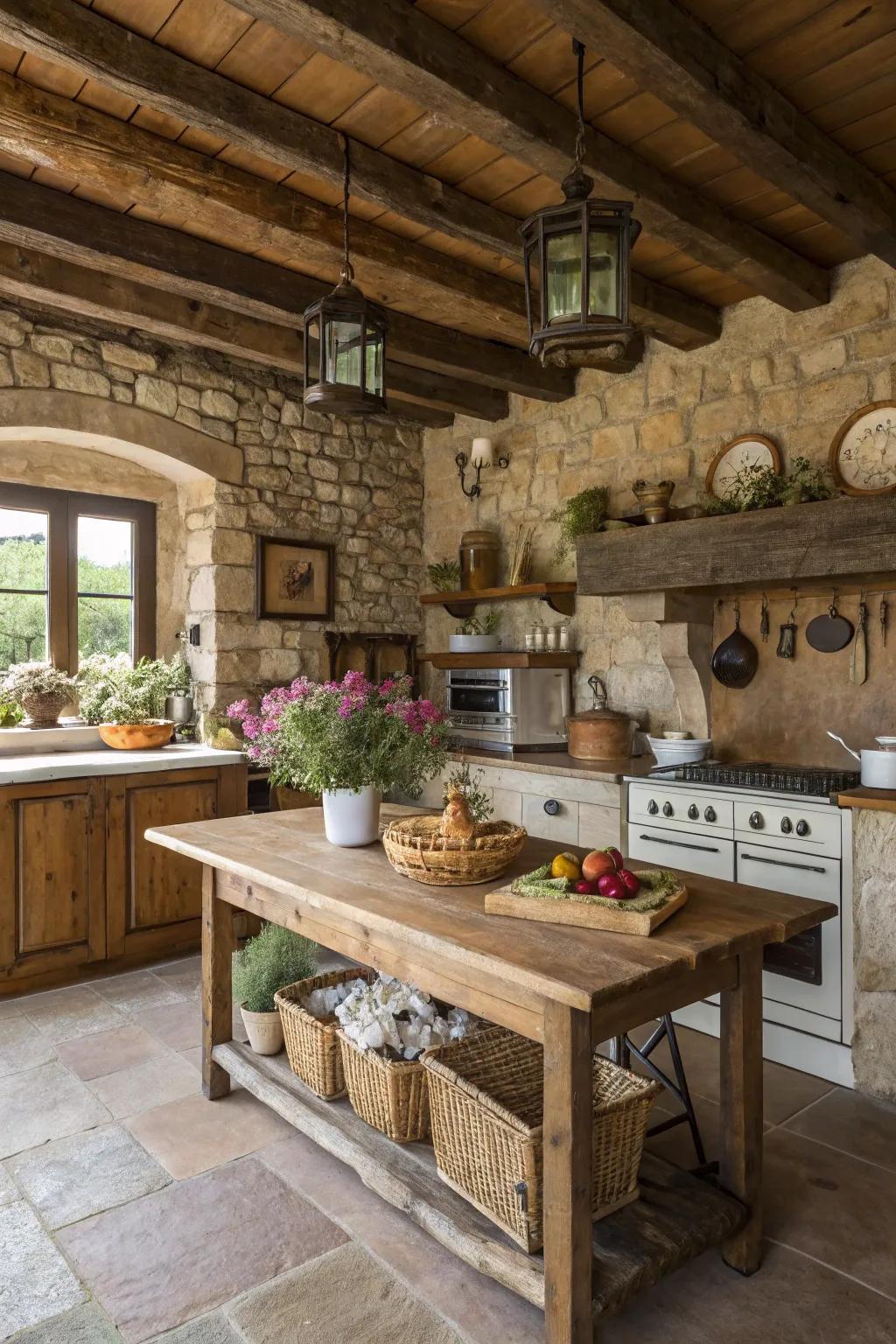 Native stone accents add earthy elegance to a farmhouse kitchen.