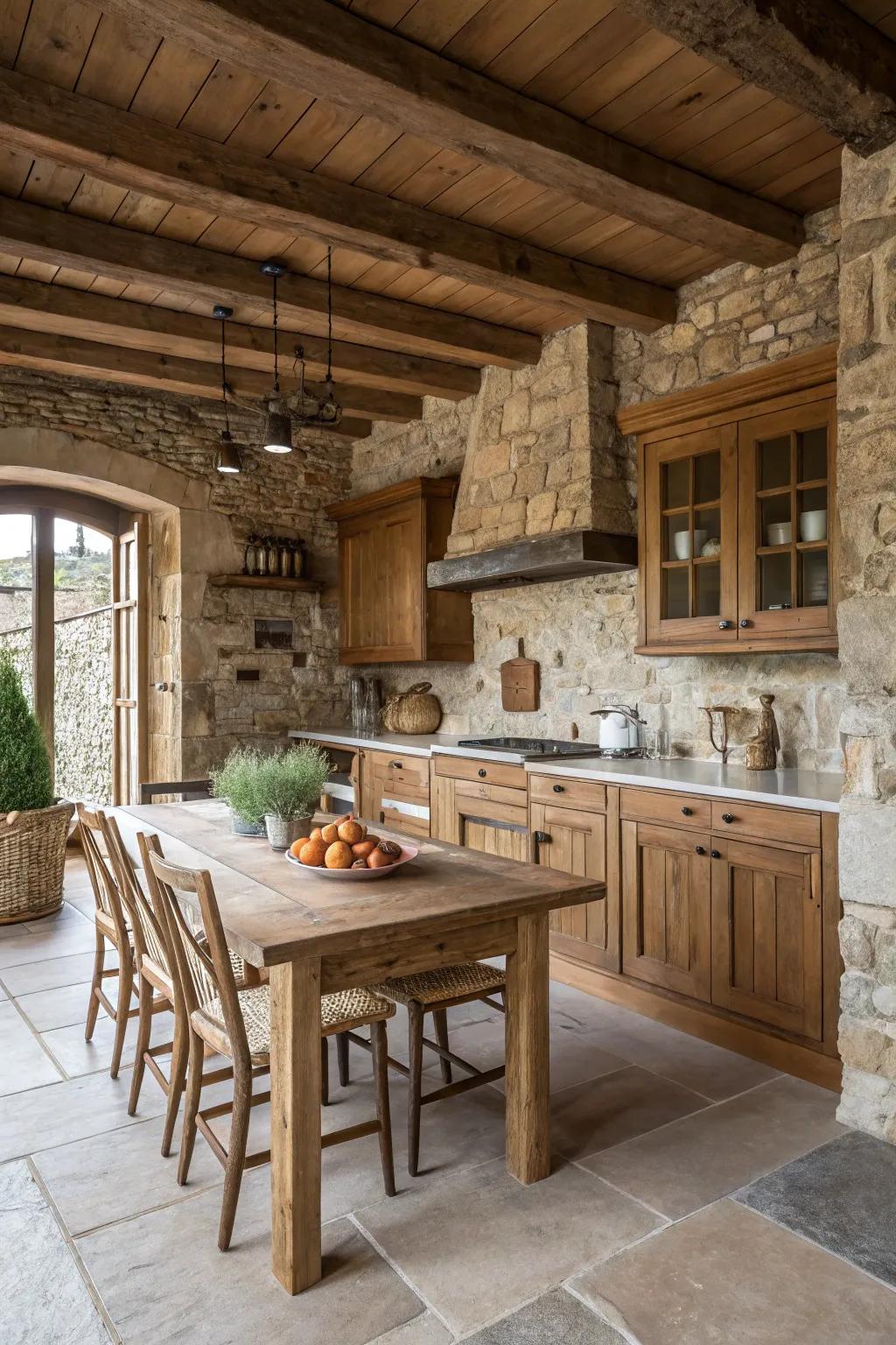 Layered textures add depth to a farmhouse kitchen décor.