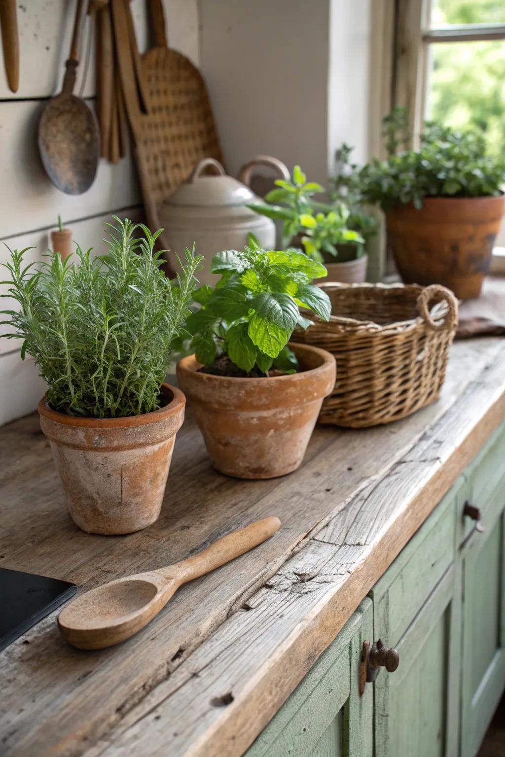 Potted herbs bring a fresh vibe to a farmhouse kitchen décor.