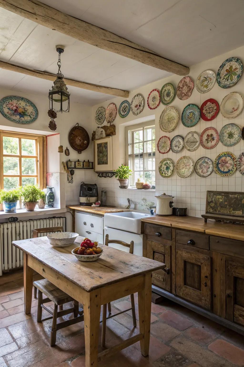 Charming plate displays add color and pattern to a farmhouse kitchen.