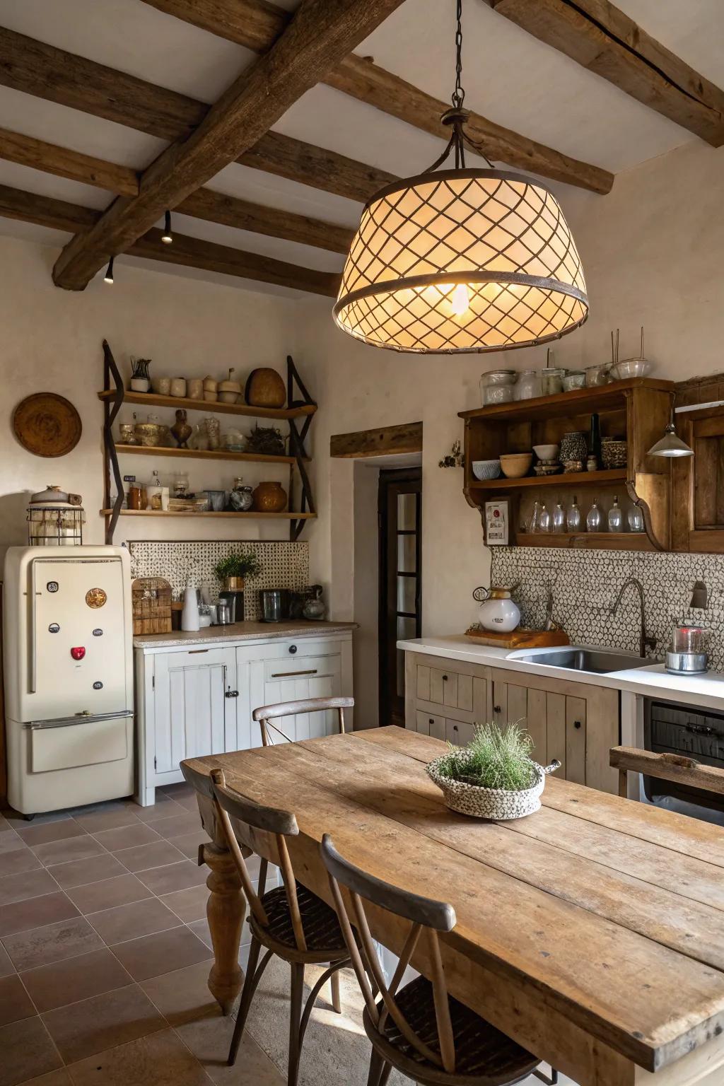 A statement pendant light lights up a welcoming farmhouse kitchen.