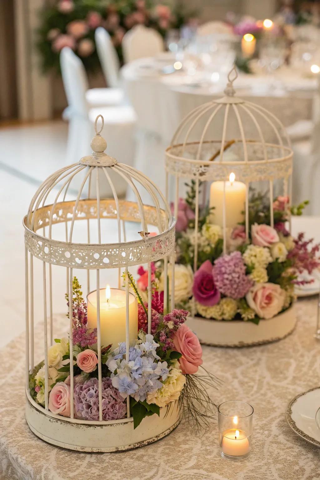 Antique birdcages filled with flowers and candles provide a whimsical accent to this fall wedding setting.