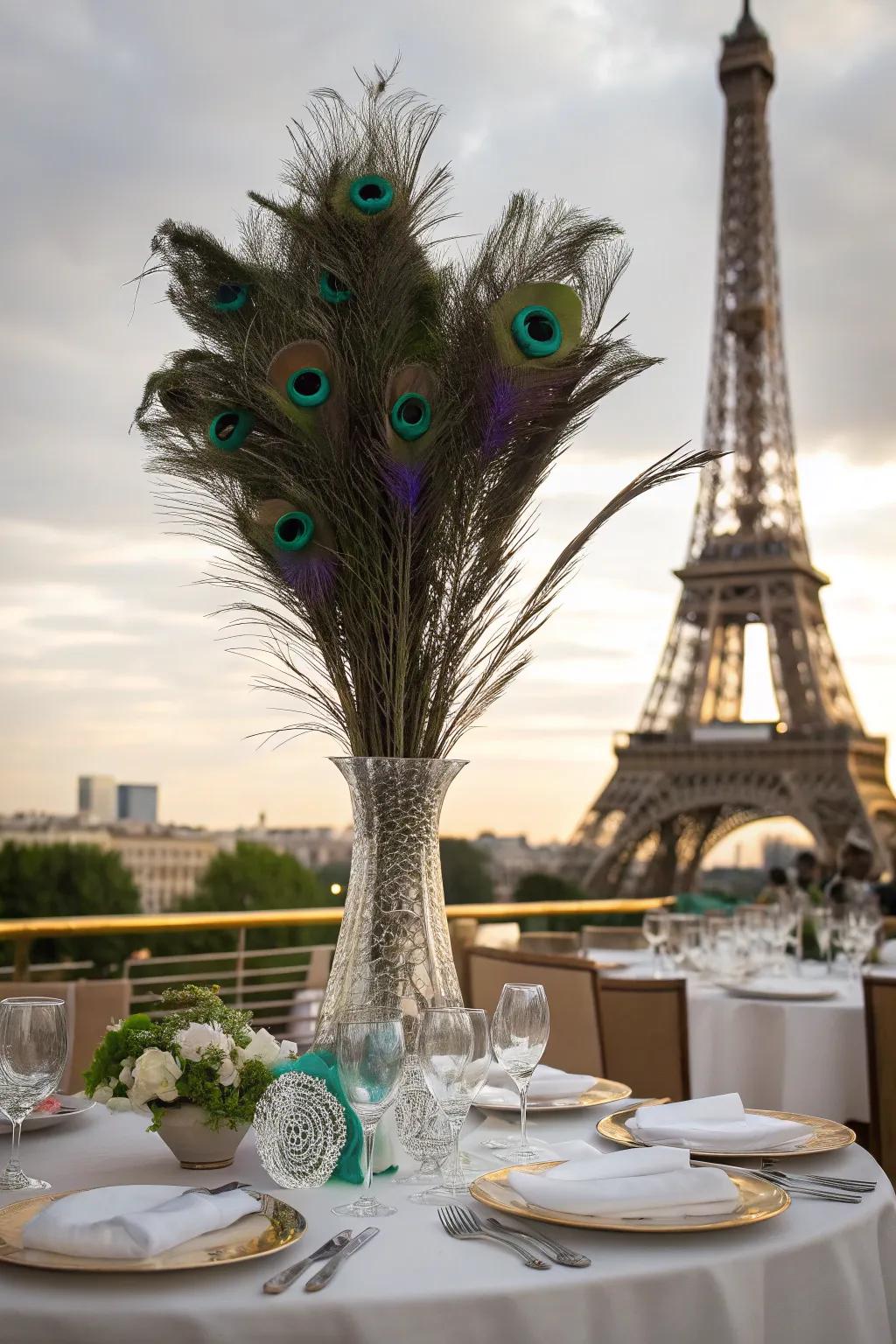 Bold and colorful peacock feather centerpieces.