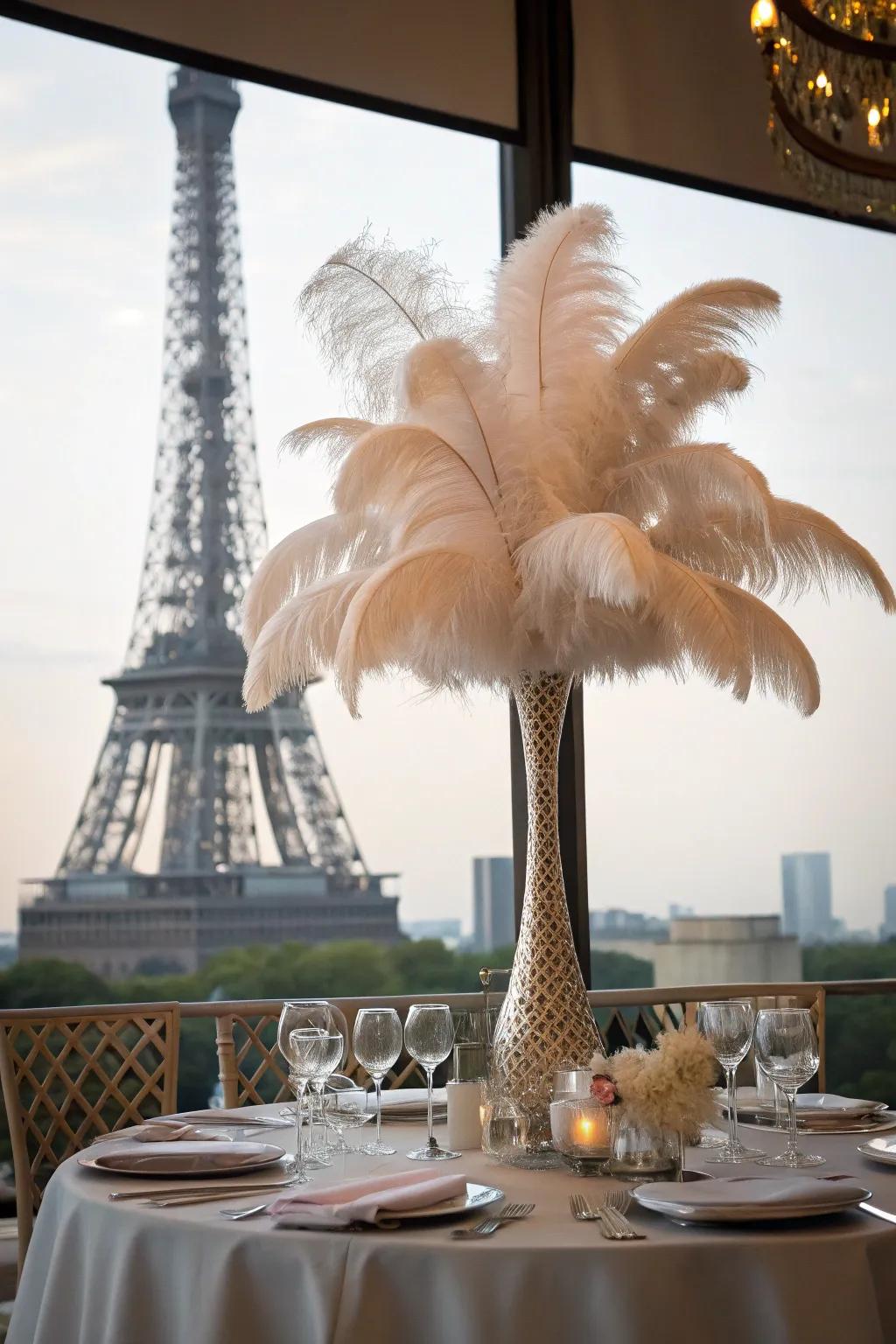 Sophisticated feather accents for a Parisian flair.