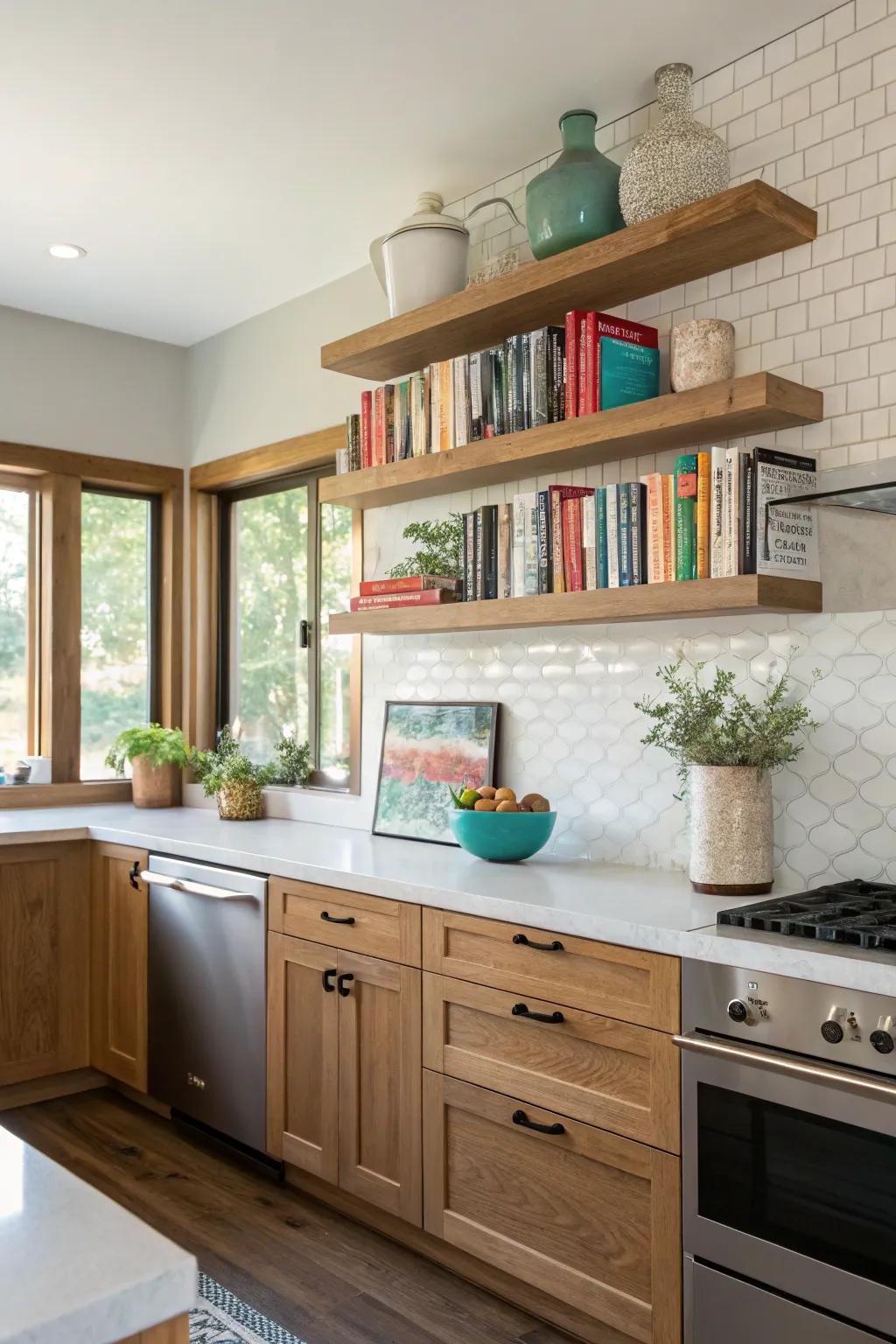 Floating shelves offer stylish storage solutions.