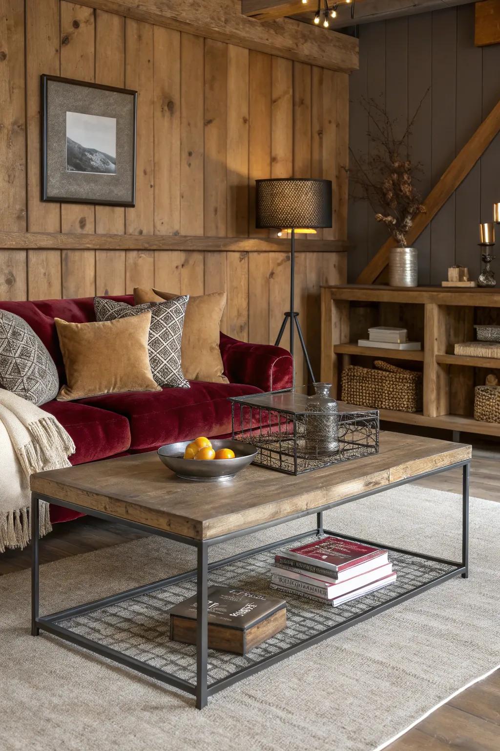 The layering of textures results in a welcoming and cozy environment.