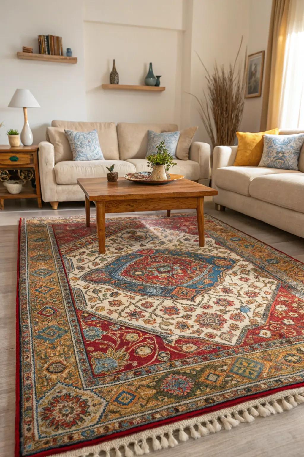A vibrant rug infuses warmth and character into a calm living area.