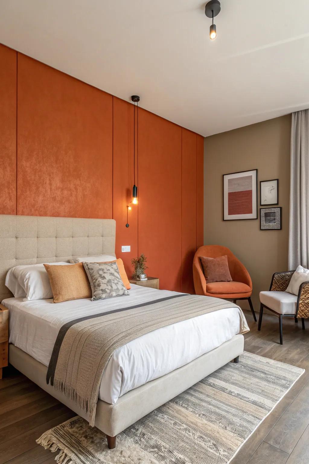 A bedroom is brought to life with a strong tangerine wall, creating a welcoming and vibrant ambiance.