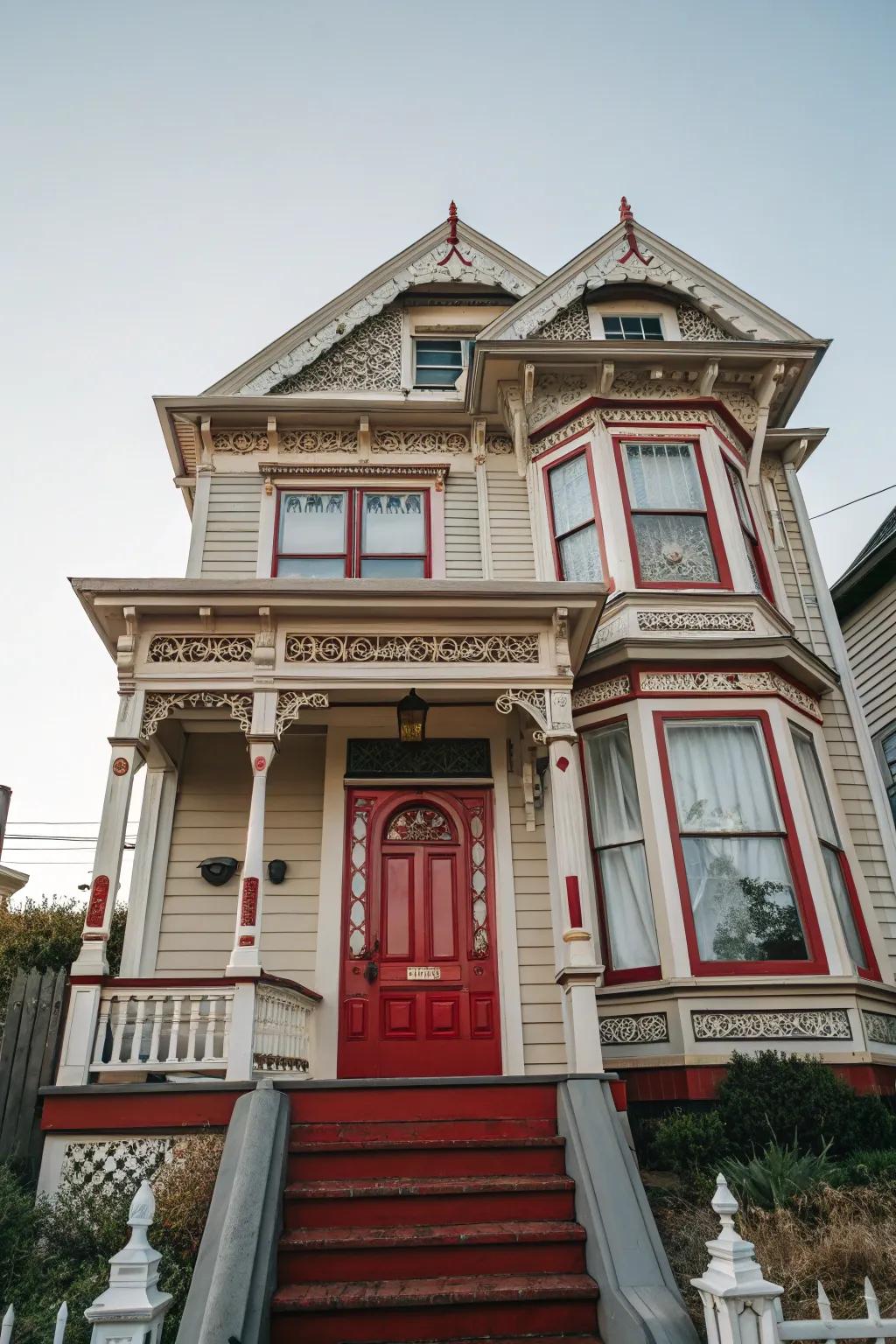 Red accents are a striking part of this Victorian building.