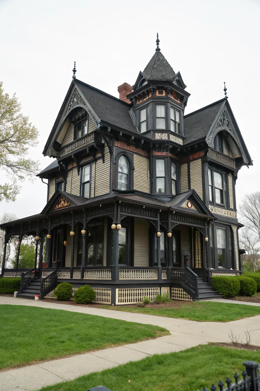 Black accents add a modern touch to classic Victorian construction.