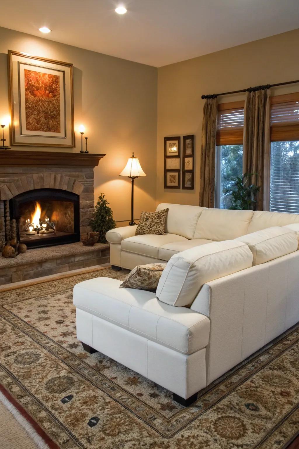 A cozy fireplace enhances the warmth of a living space with a white sectional.