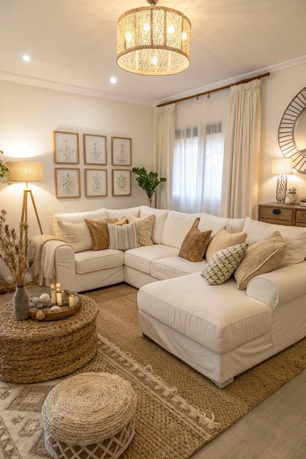 A balanced mix of neutral shades with a white sectional at the heart.