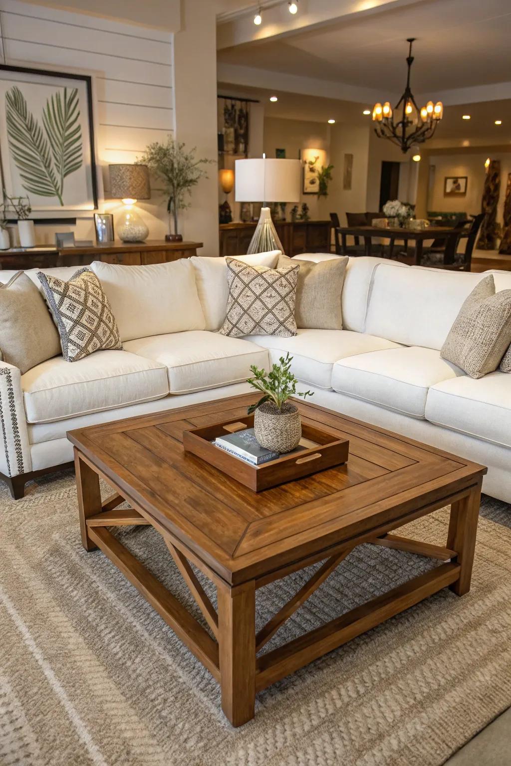 A wooden low table adds charm to a living space with a white sectional.