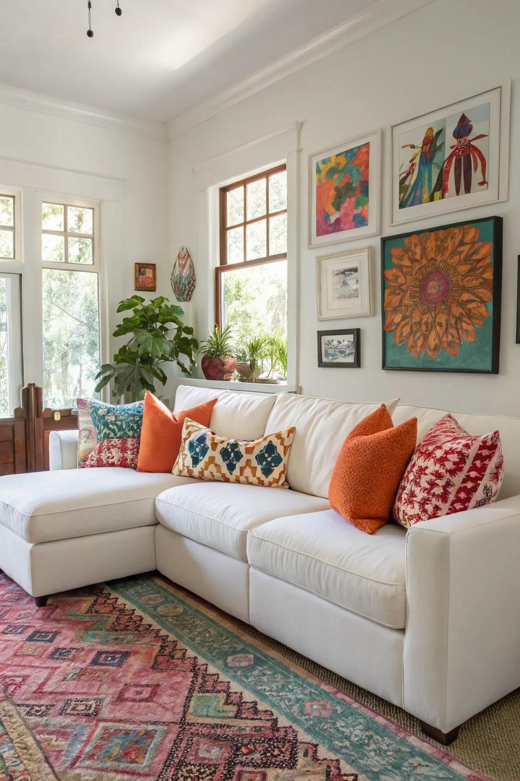 Bold colors bring vibrant energy to a living space with a white sectional.