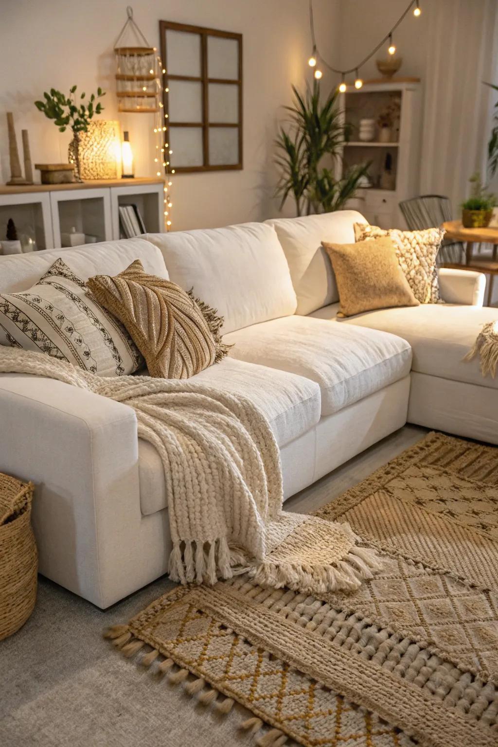 Texture enriches a living space with a white sectional.