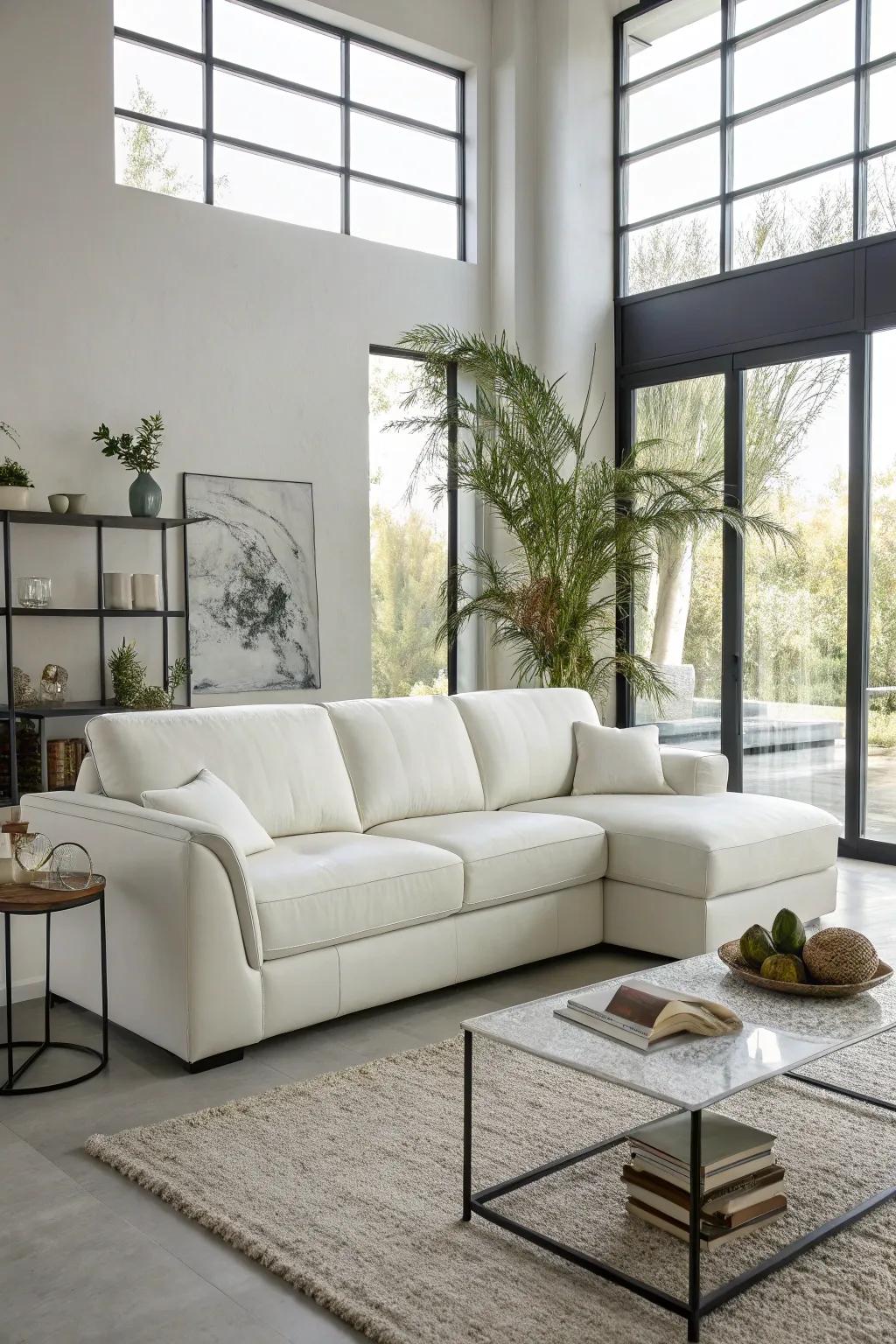 A streamlined contemporary style with a white sectional.