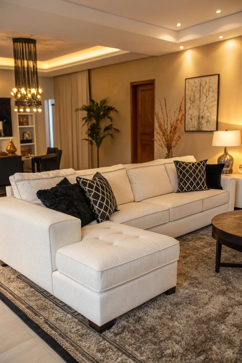 A touch of black adds sophistication to a living room with a white sectional.