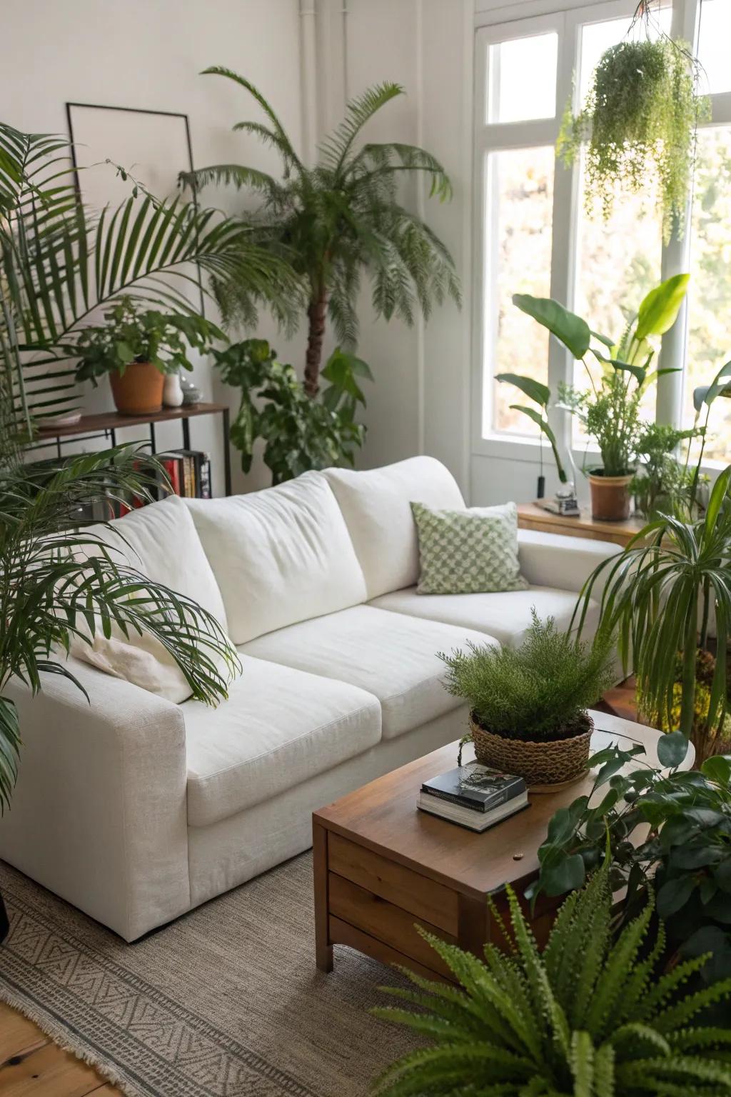 Lush foliage complements a white sectional.