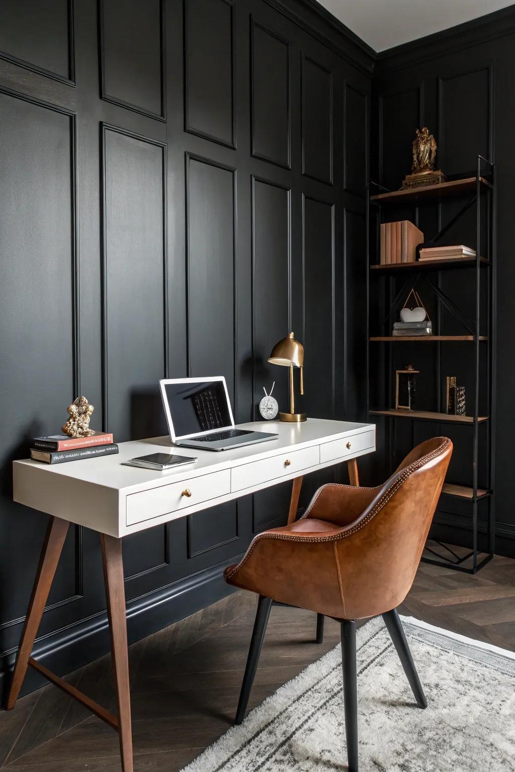 A home office showcasing a bold color palette of dark walls and leather seating.