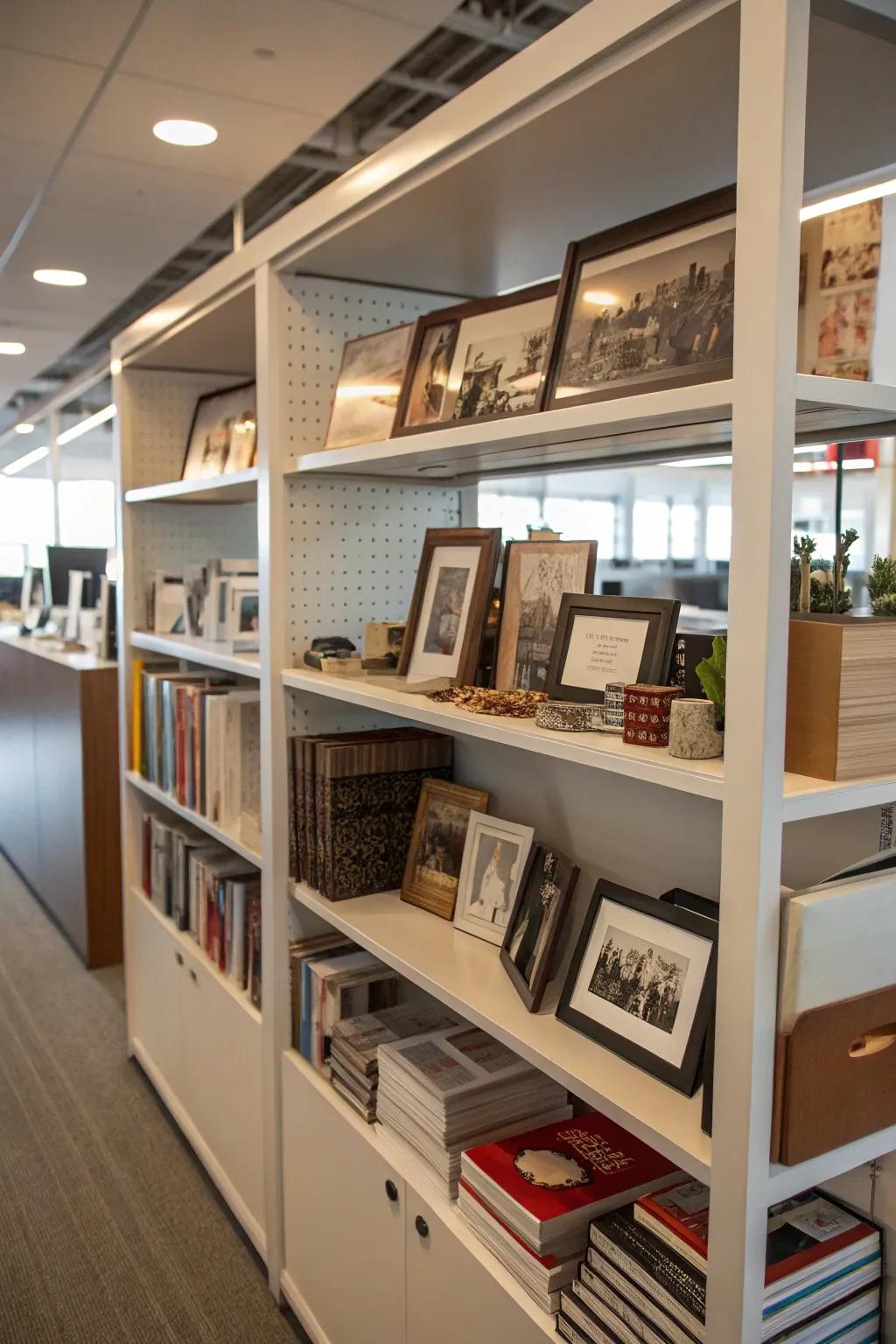 Personal collections add individuality to the office decor.