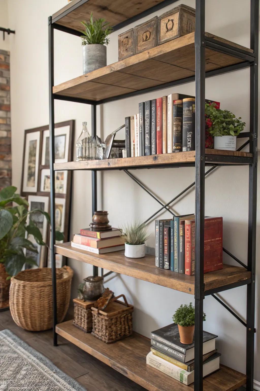 Open shelving provides accessible storage with industrial flair.