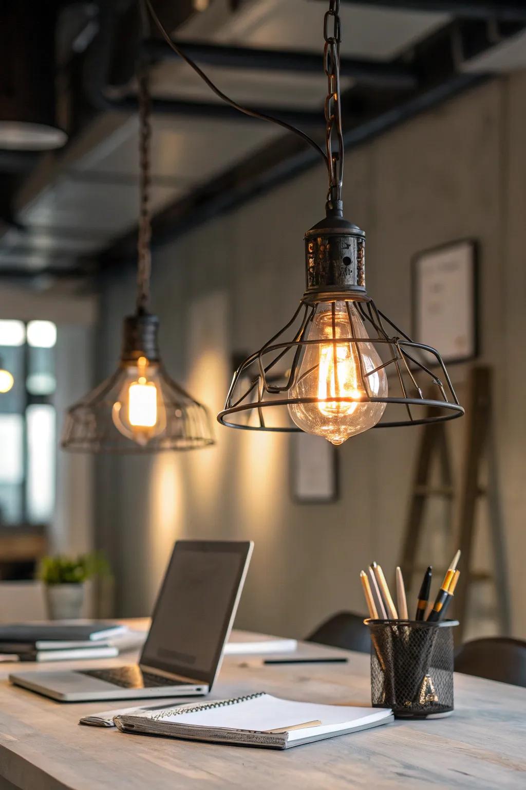 Industrial lighting with exposed bulbs enhances the workspace ambiance.