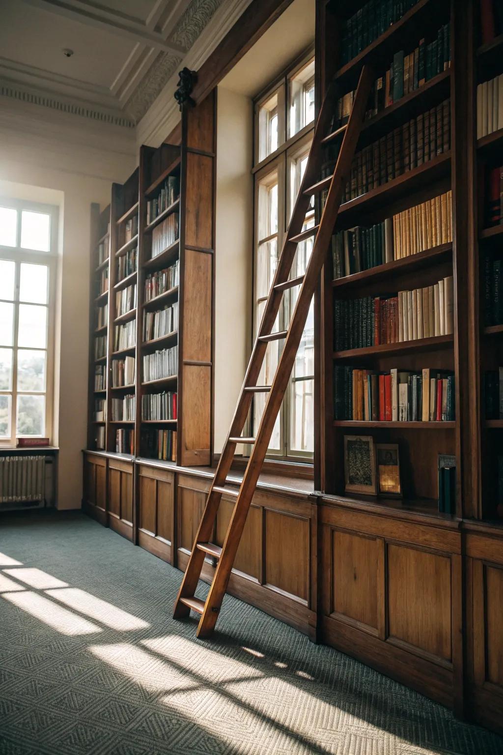 A library ladder adds charm and functionality to tall shelves.