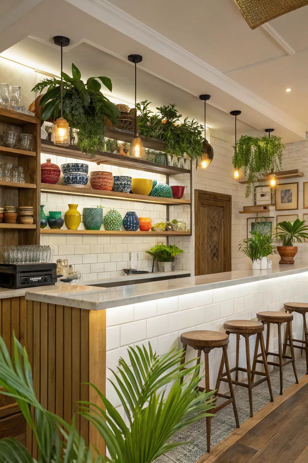 Highlight your style with open shelving above your kitchen bar.