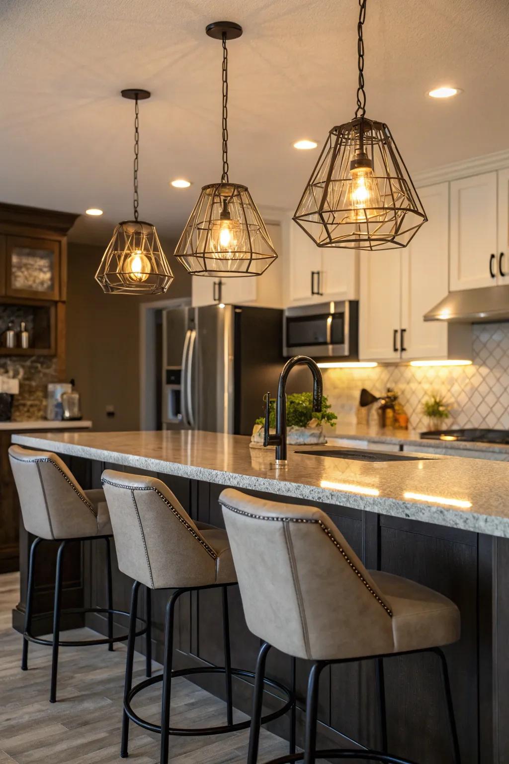 Elevate your kitchen bar with striking pendant lighting.