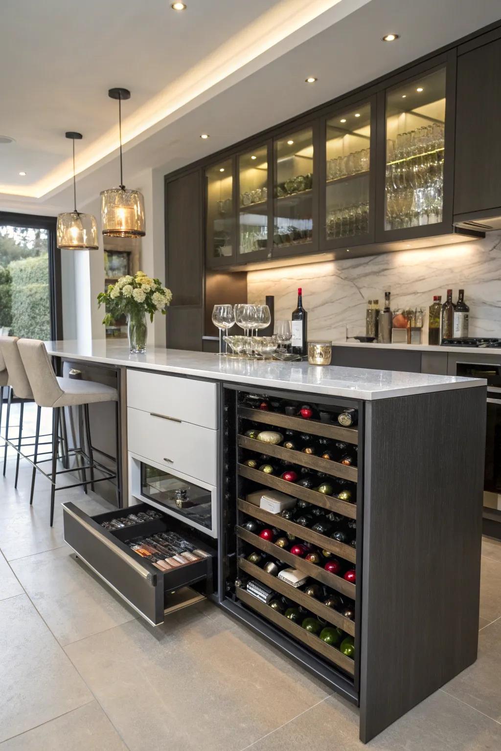 Incorporate smart storage for a clutter-free kitchen bar.